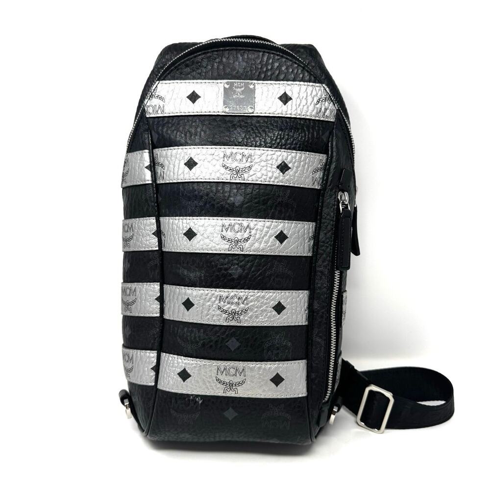 MCM Stark Stripe Visetos Leather Sling Backpack Crossbody Bag Black Silver